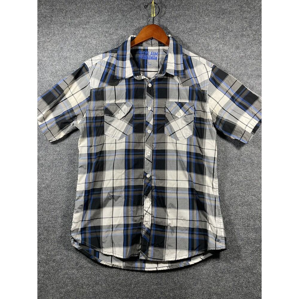 Reclaim Button Up Shirt Men's Large Blue/Gray Plaid Short Sleeve Cotton Blend